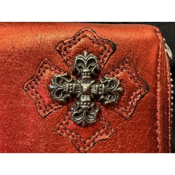 Chrome Hearts Red Metallic Leather Zipper Wallet With Cross Detail & Silver Goth - Picture 3 of 12
